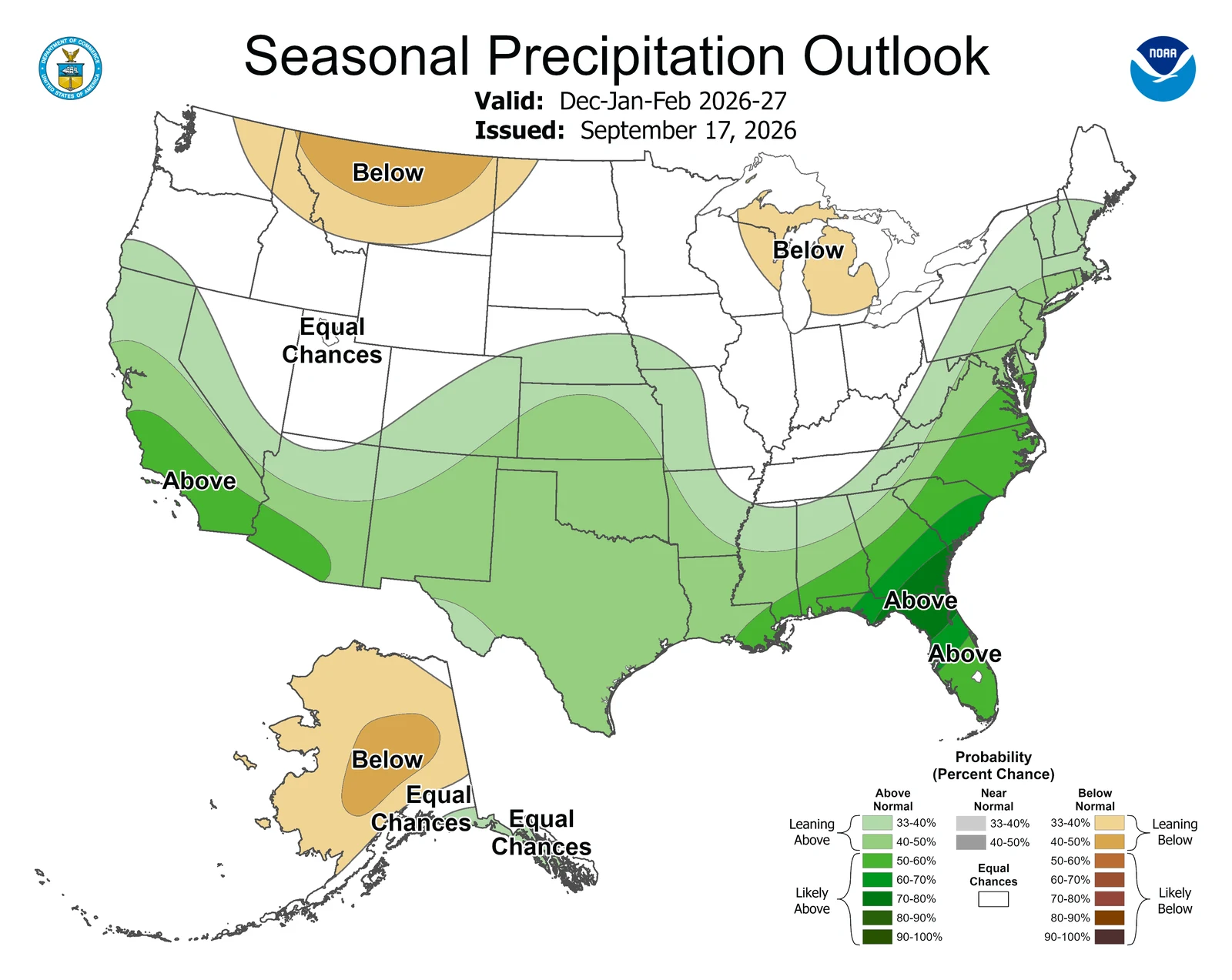 US map of NOAA's December to February rain outlook, with the Southern California coast in the 50 to 60% chance of above normal rain band